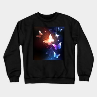 Glowing Night Butterflies on Black Background Crewneck Sweatshirt